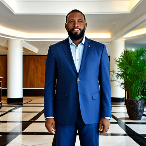 Home 6 Tourism Sector**
A fully clothed, professional hotel manager in a modest business suit, standing in the lobby of a modern hotel in Jamaica, appropriate attire, safe for work, perfect anatomy, natural proportions, professional photography, high quality, family-friendly.
**